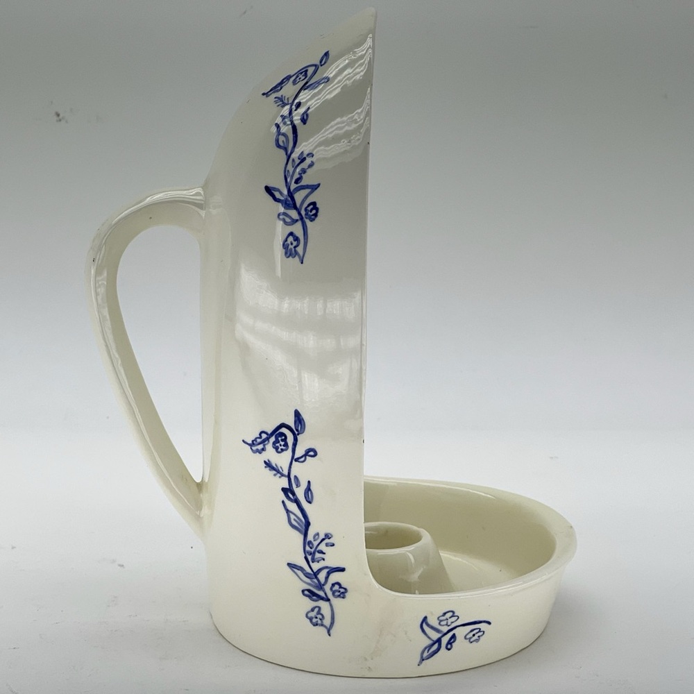 Chamber Tapered Candle Stick Holder Blue Flowers 1970’s Farmhouse White Vintage